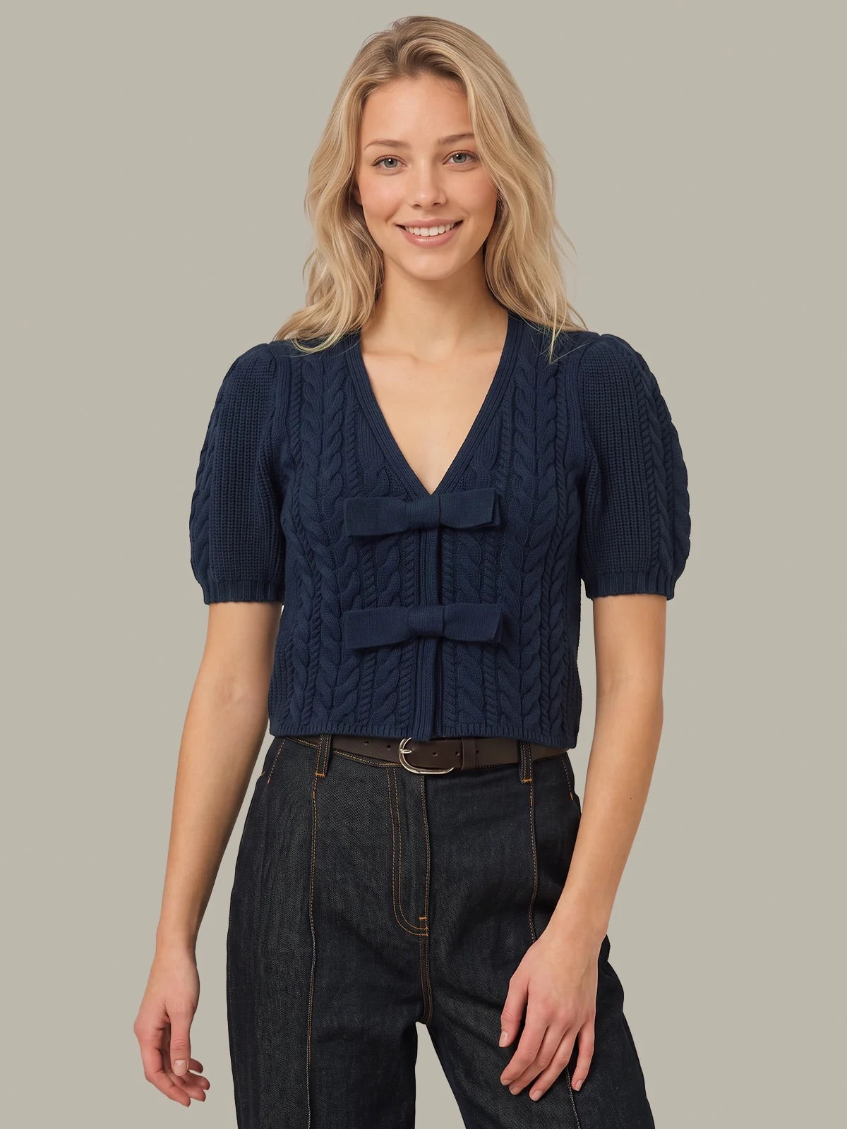 ALEXANDRA ALL OVER CABLE PUFF SLEEVE BOW CARDIGAN
