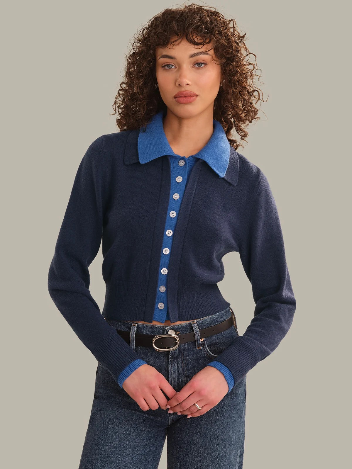 PRISCILLA FAUX DOUBLE LAYER POLO CARDIGAN