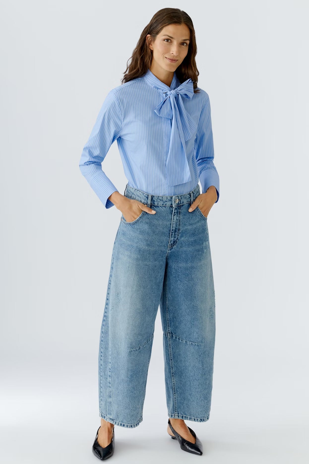 OUI BLUE WHITE BLOUSE WITH TIE