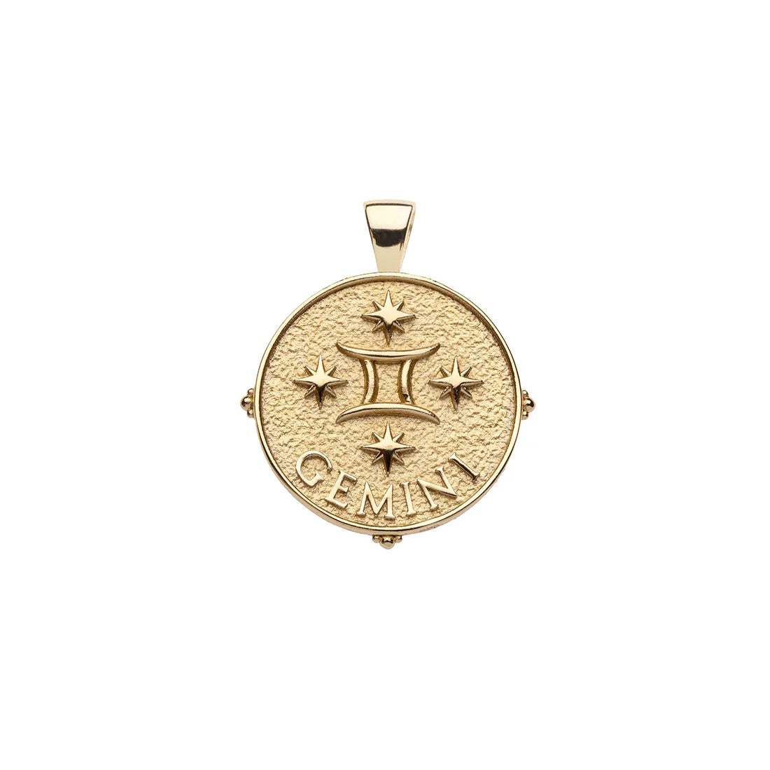 Gold pendant with 'GEMINI' inscription on a white background
