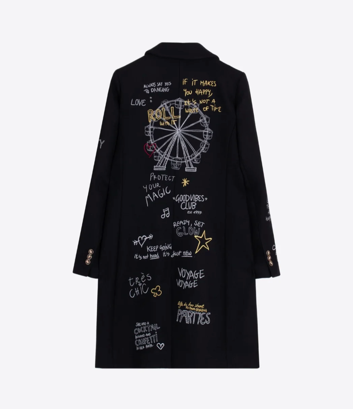 BLACK COAT WITH EMB GRAPHICS
