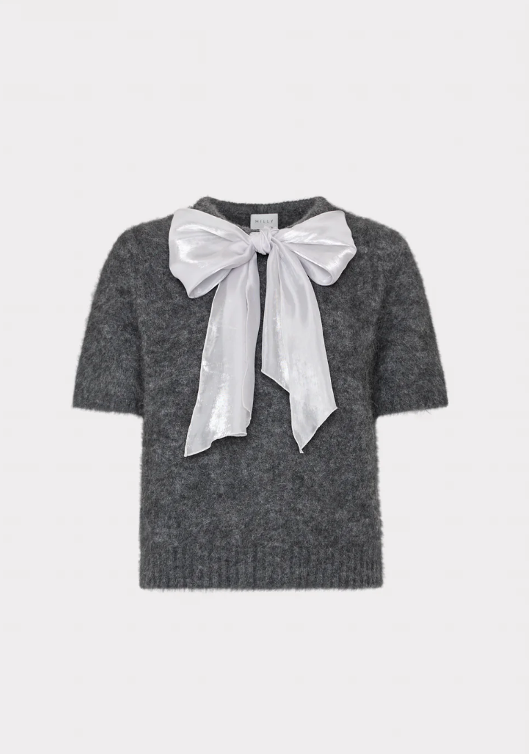 COMBINATION BOW FUZZY SWEATER