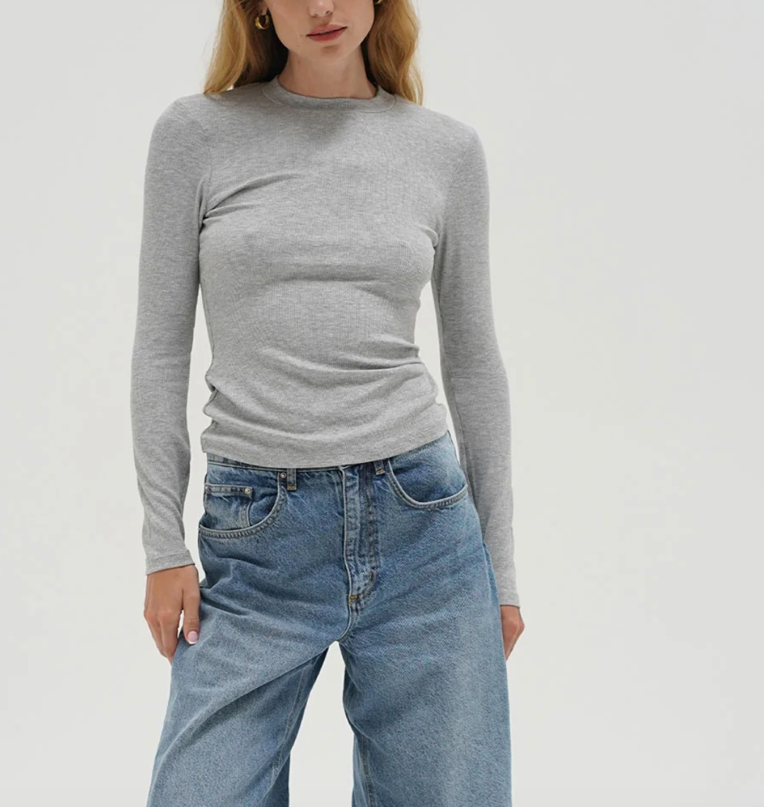 LONG SLEEVE FITTED COTTON RIBBED CREW