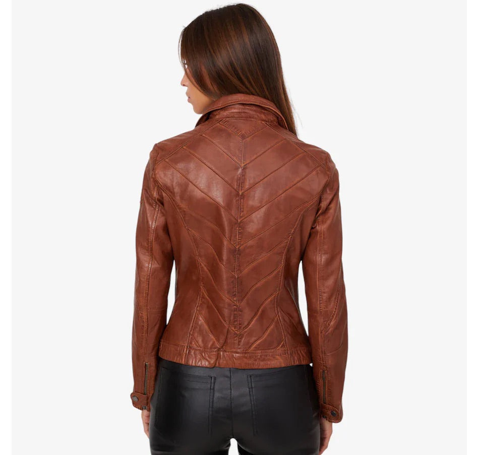 Brown leather jacket worn by a person on a white background