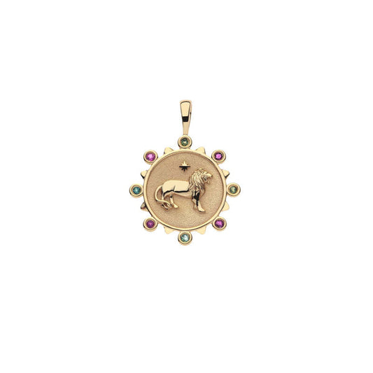 Gold pendant with a lion design on a white background
