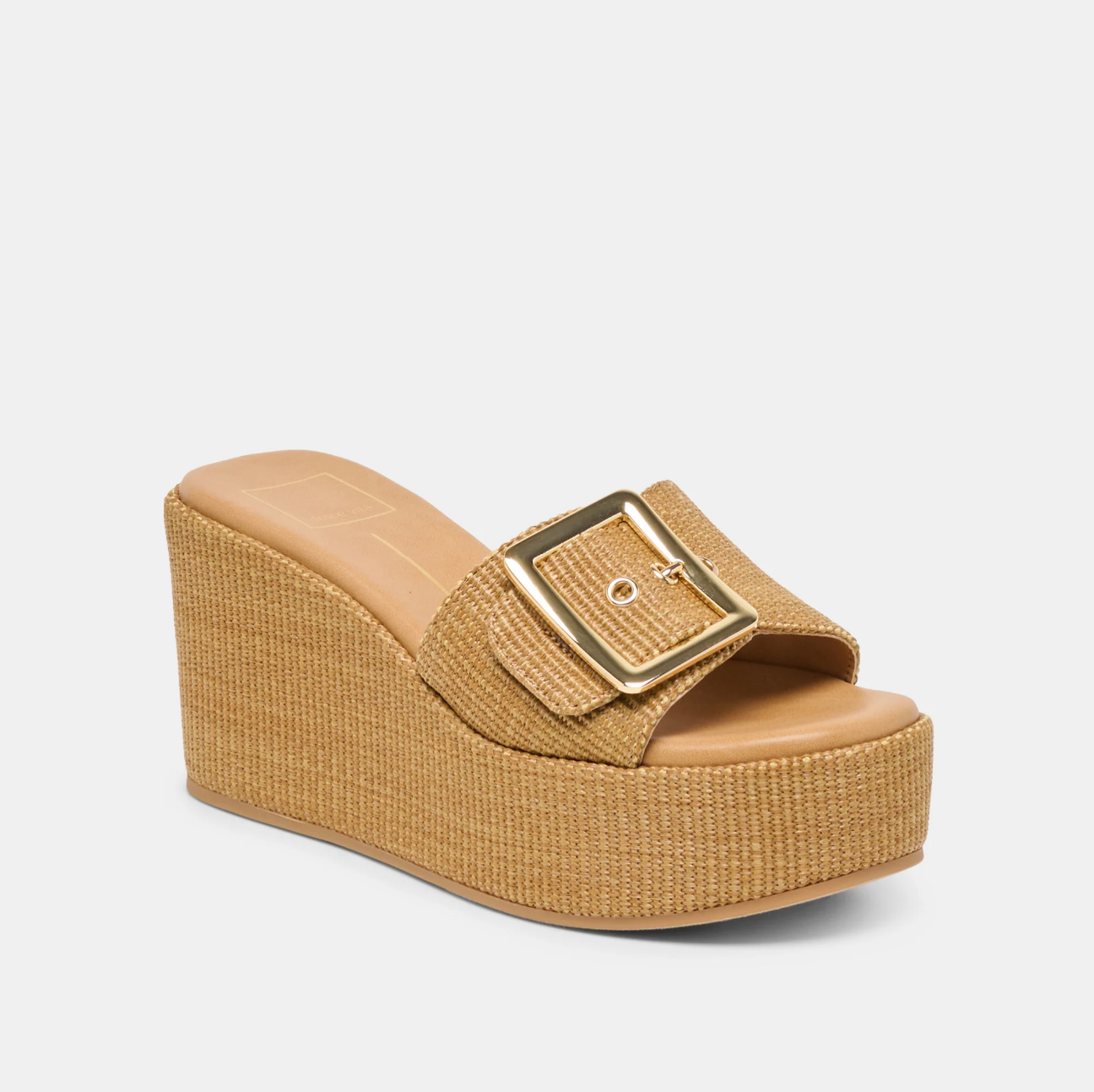 Tan wedge sandal with a gold buckle on a light gray background