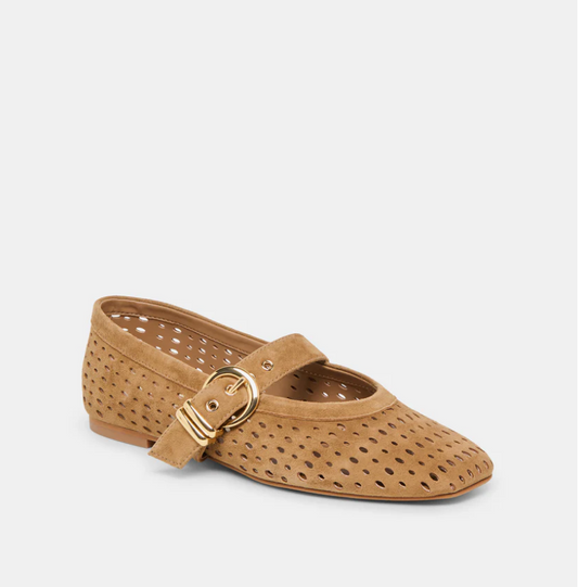 Tan perforated shoe with a gold buckle on a light gray background