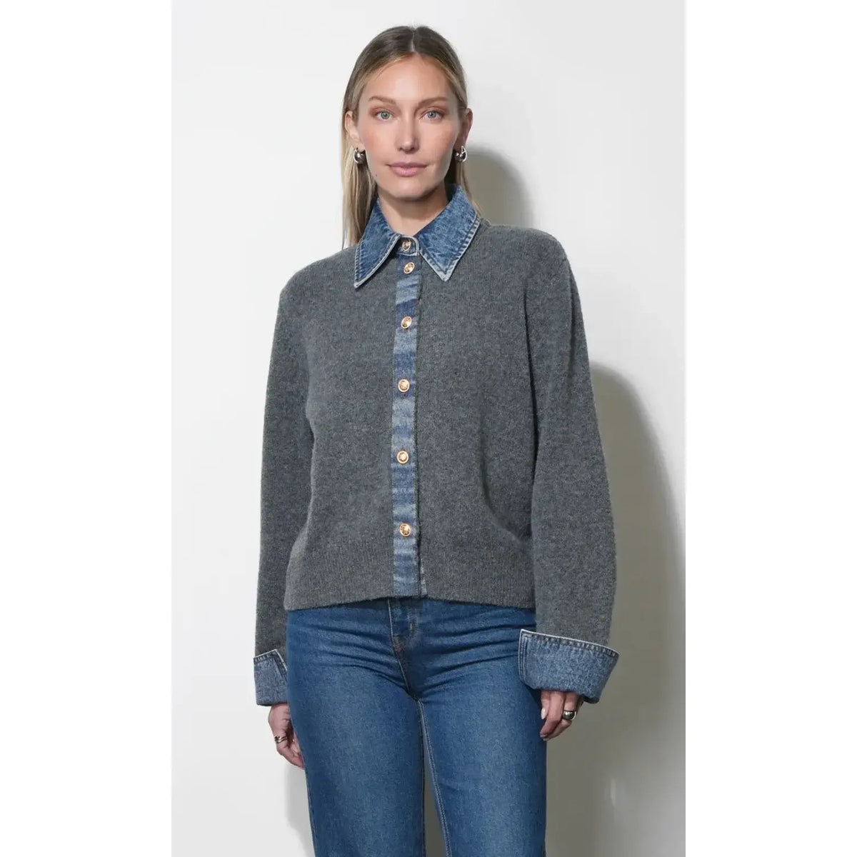 DEMI COLLAR CONTRAST KNIT CARDIGAN