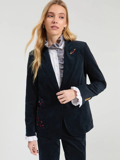NAVY VELVET BLAZER W/ RUFFLE CUFF