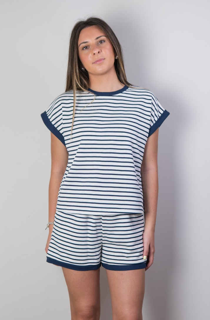S/S CONTRAST RIB STRIPED SHORT SET
