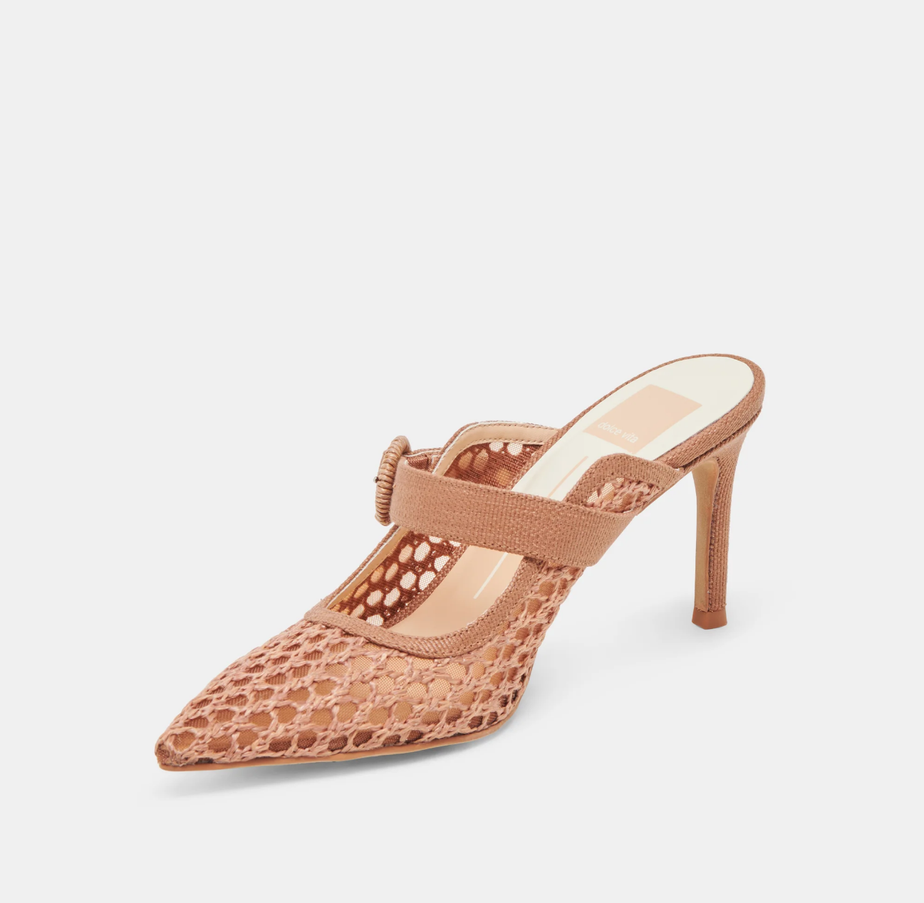Tan high-heeled shoe with mesh design on a white background