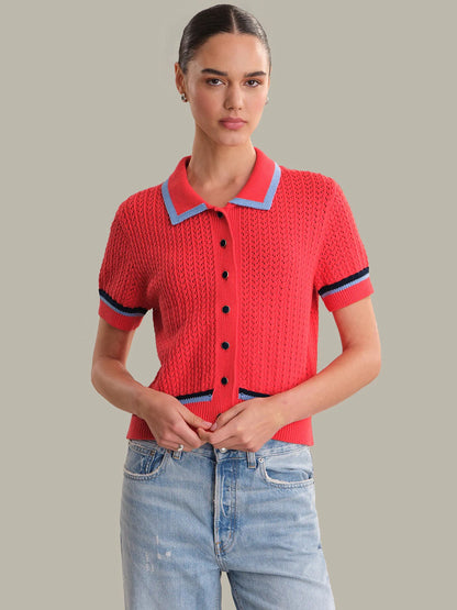 AMY POINTELLE STITCH TIPPED POLO CARDIGAN