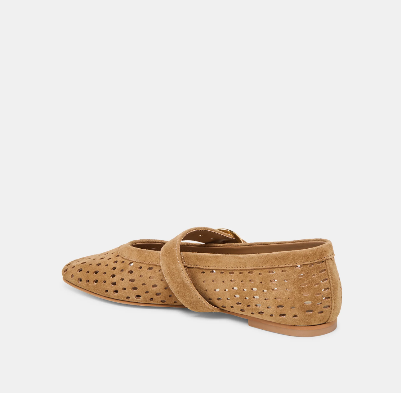 Tan flat shoe with a strap on a light gray background