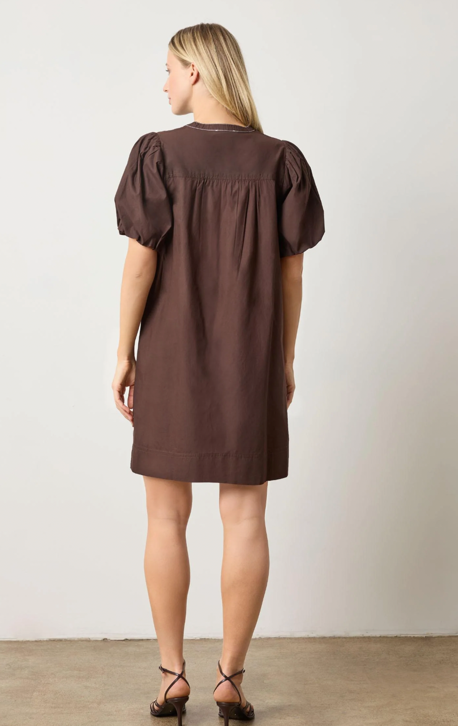 SHIRRED SLEEVE SPLIT NECK DRESS