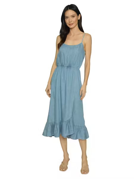 Woman wearing a blue dress on a white background