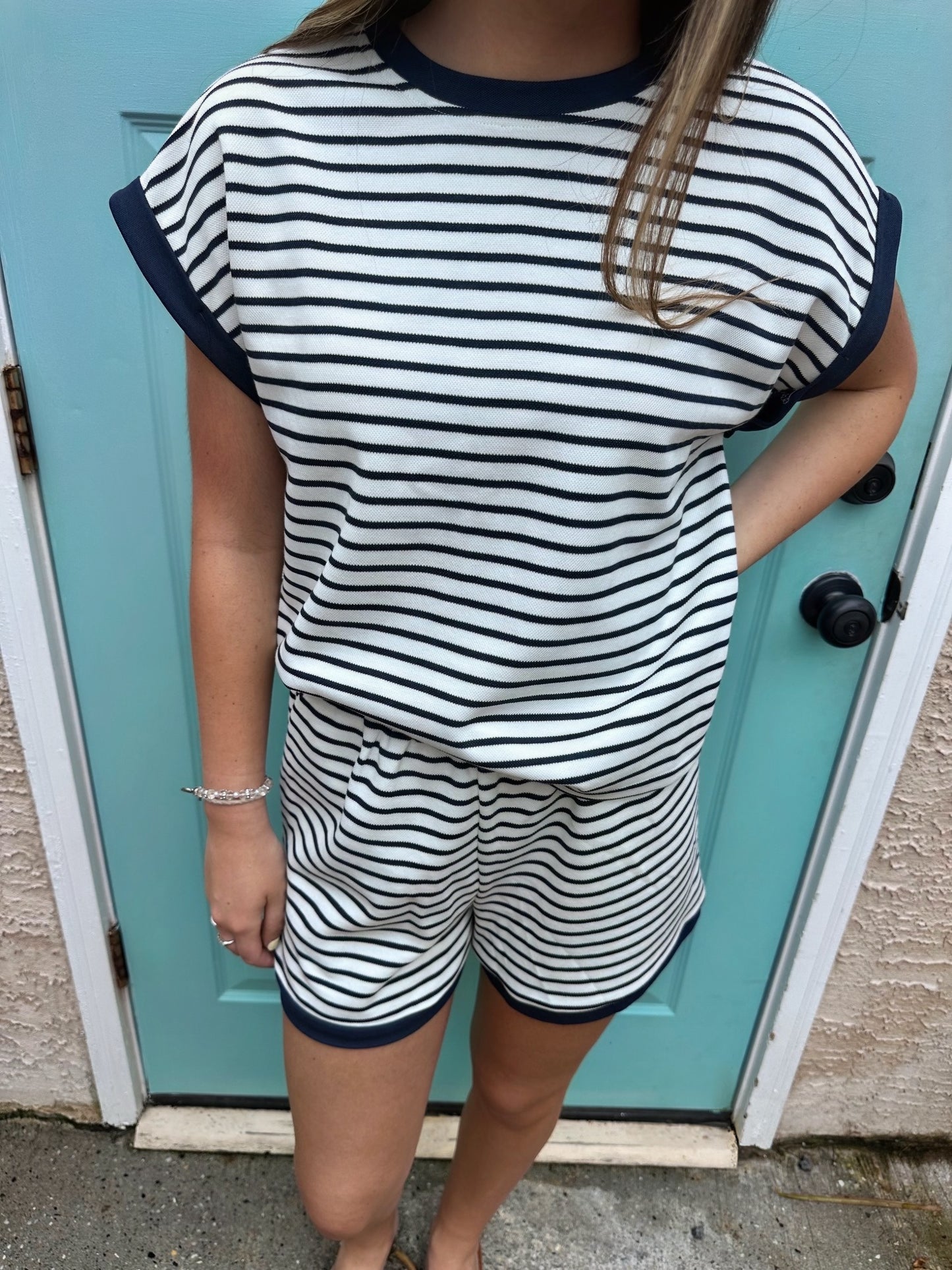 S/S CONTRAST RIB STRIPED SHORT SET