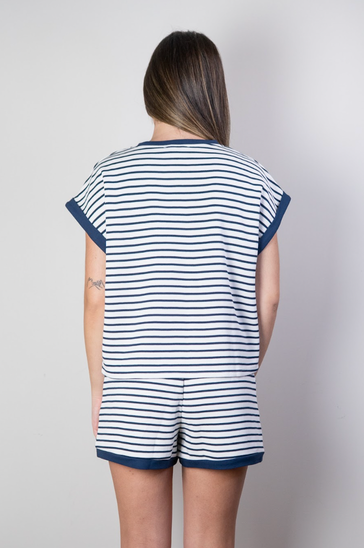 S/S CONTRAST RIB STRIPED SHORT SET