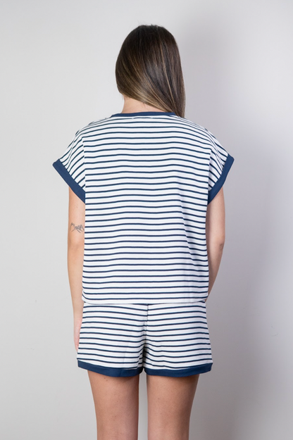 S/S CONTRAST RIB STRIPED SHORT SET