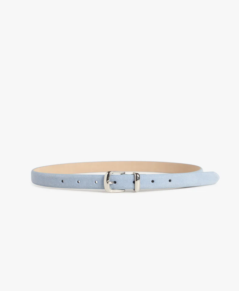 Light blue belt with a silver buckle on a white background