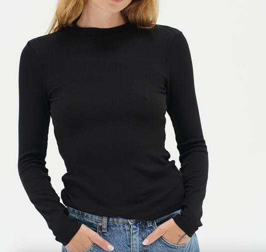 LONG SLEEVE FITTED COTTON RIBBED CREW