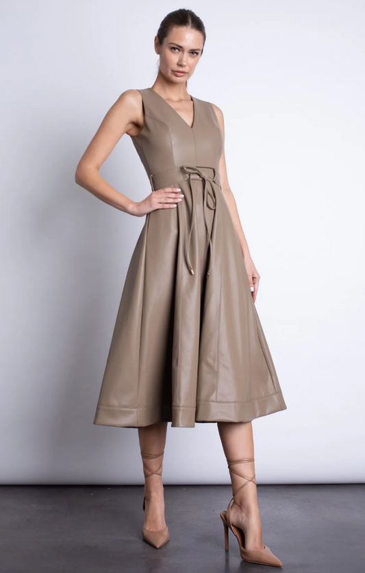 HONORIA VEGAN LEATHER MIDI DRESS