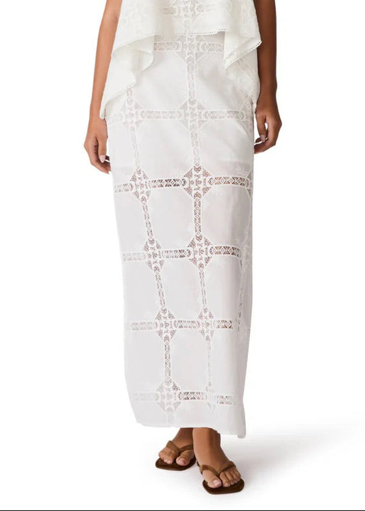 Woman wearing a white dress with lace details on a white background