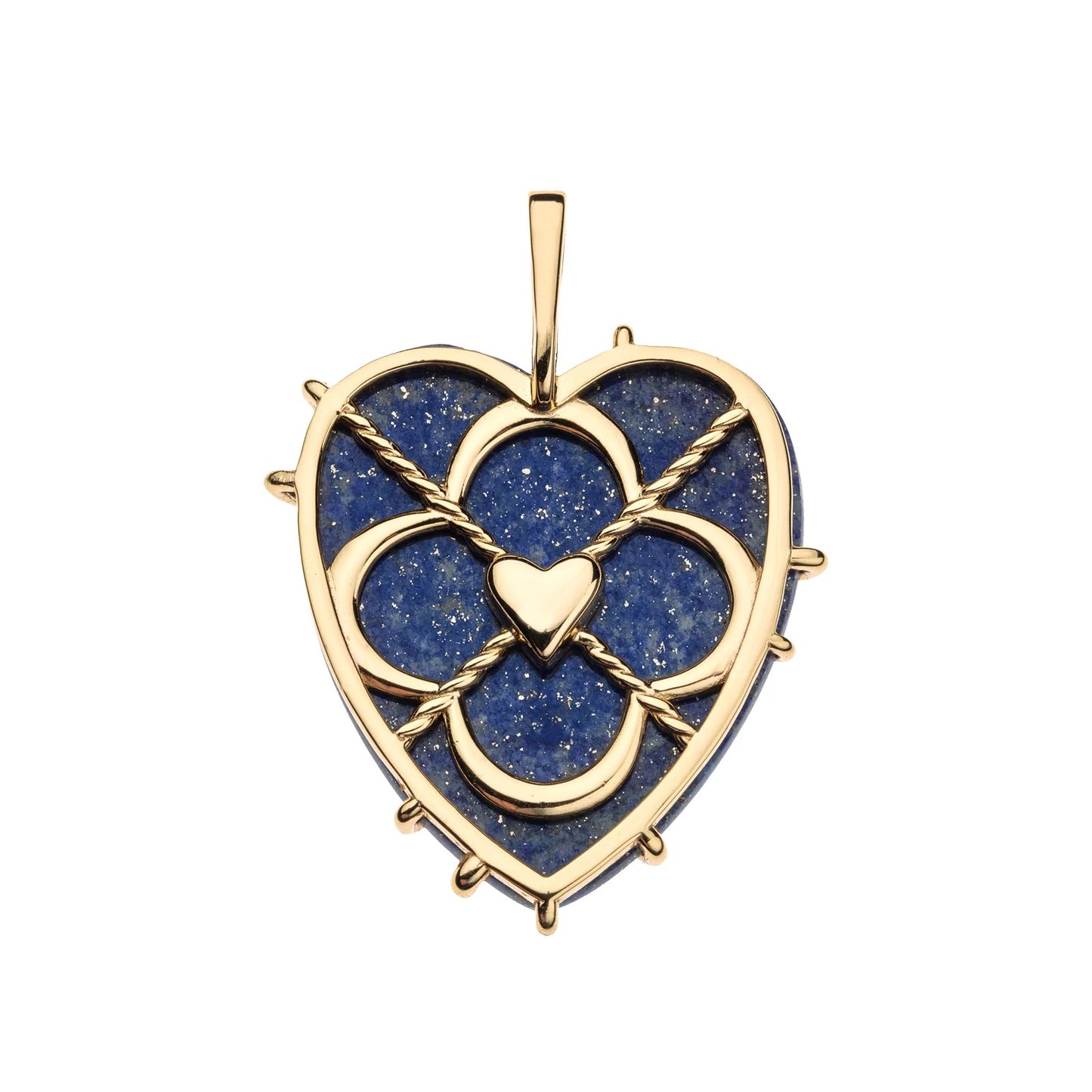 Heart-shaped pendant with blue stone and gold accents on a white background