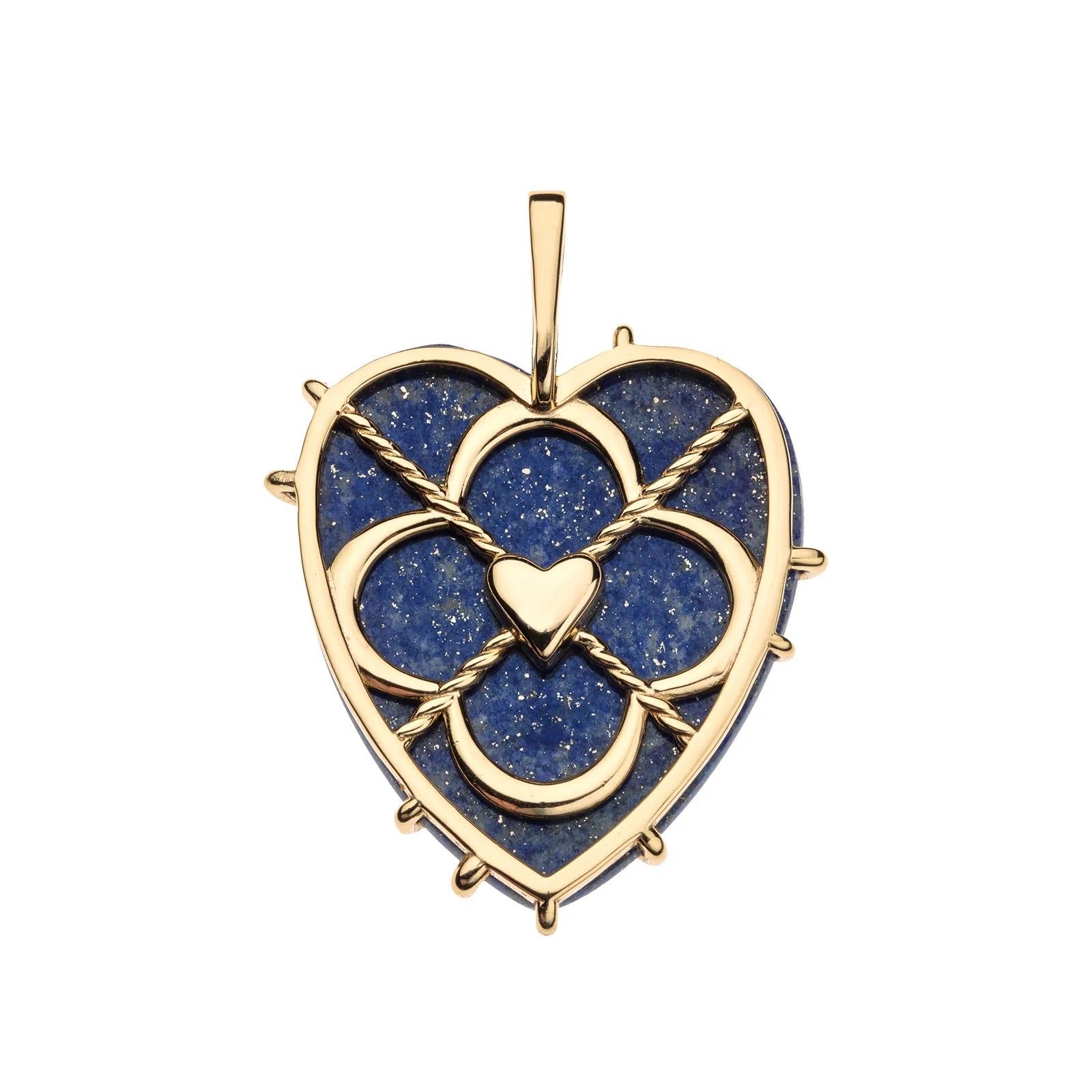 Heart-shaped pendant with blue stone and gold accents on a white background