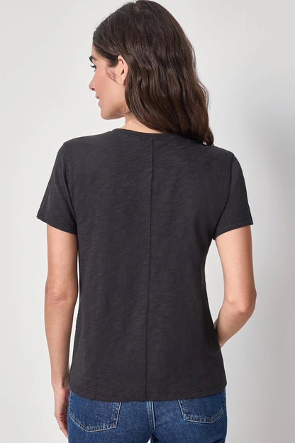 Person wearing a black t-shirt and blue jeans on a white background