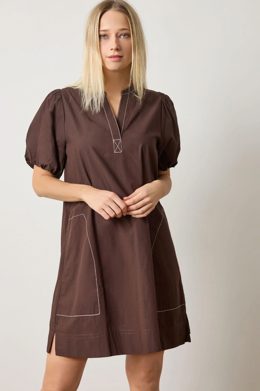 SHIRRED SLEEVE SPLIT NECK DRESS