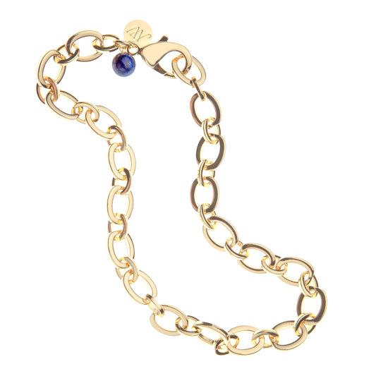 JW CHUNKY LINK CHAIN WITH LAPIS BEAD - 16" GOLD