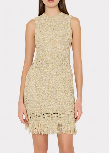 BEADED FRINGE MINI DRESS BEIGE