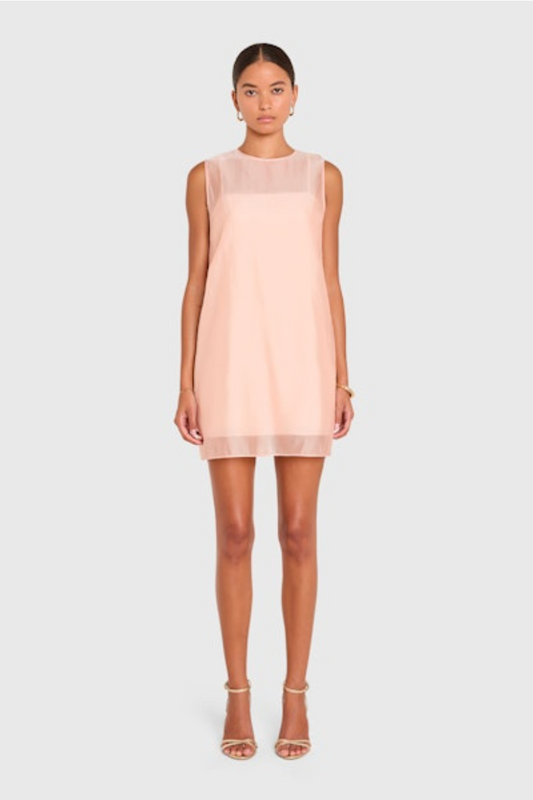 Woman wearing a light pink dress on a white background