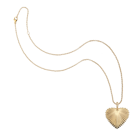 A delicate gold chain necklace featuring a textured, fan-like heart-shaped pendant, displayed on a clean white background.