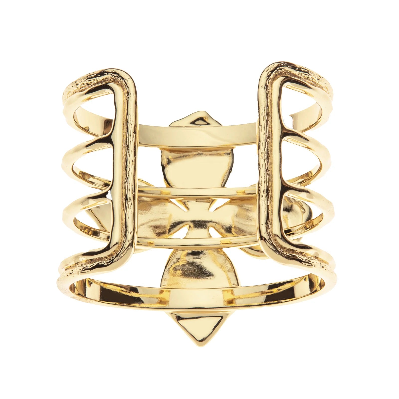 Gold ring with intricate design on a white background
