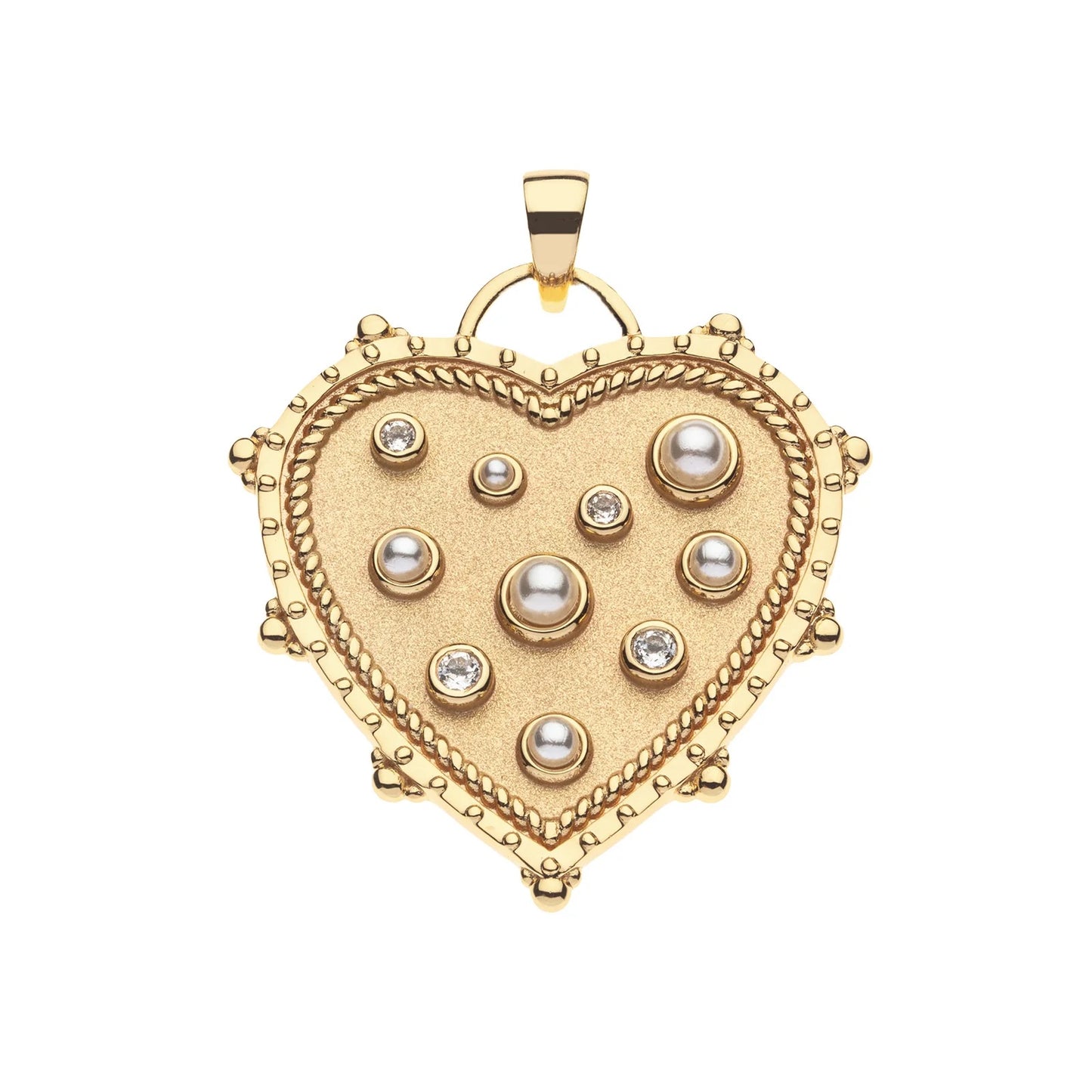 Gold heart-shaped pendant with embedded pearls and diamonds on a white background