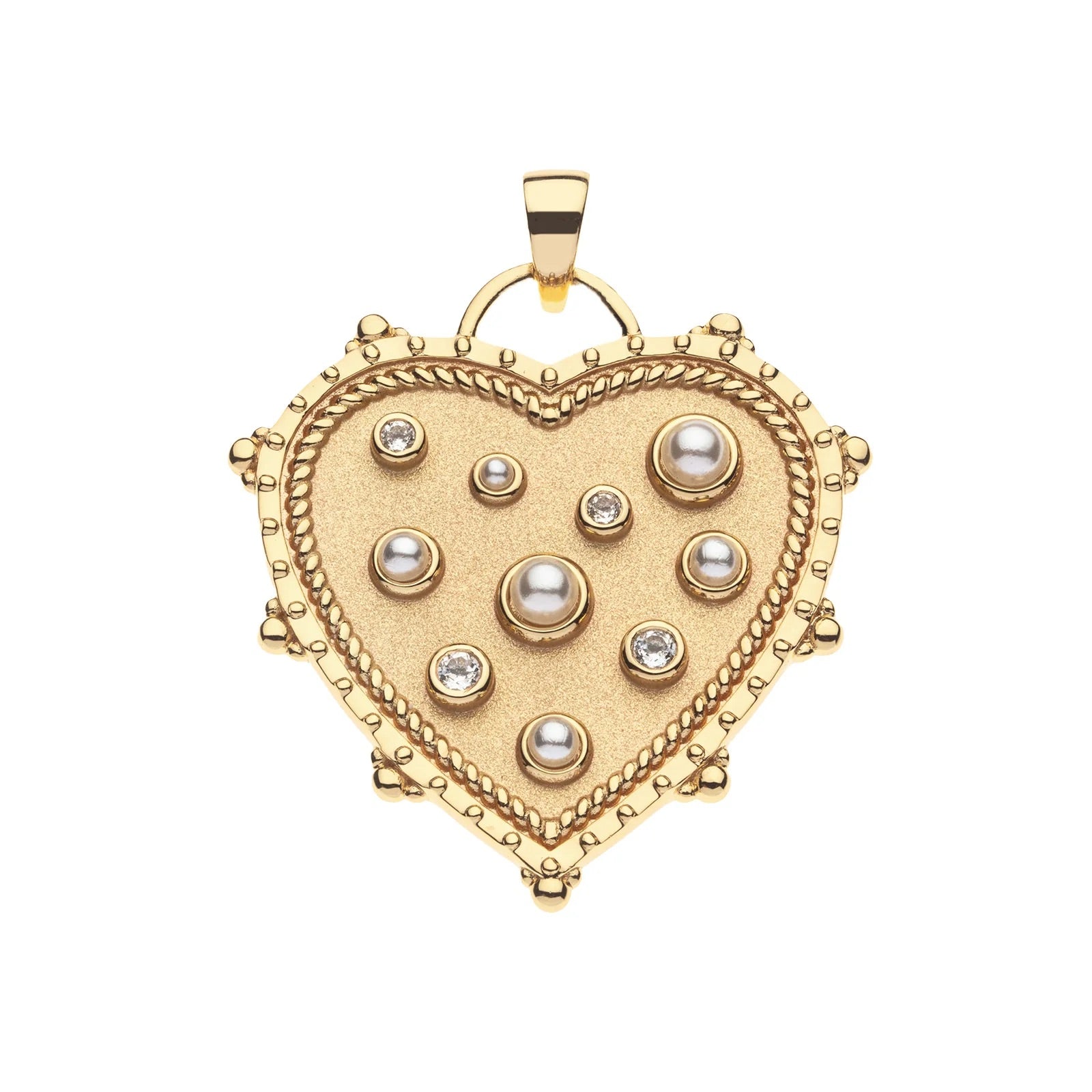 Gold heart-shaped pendant with embedded pearls and diamonds on a white background