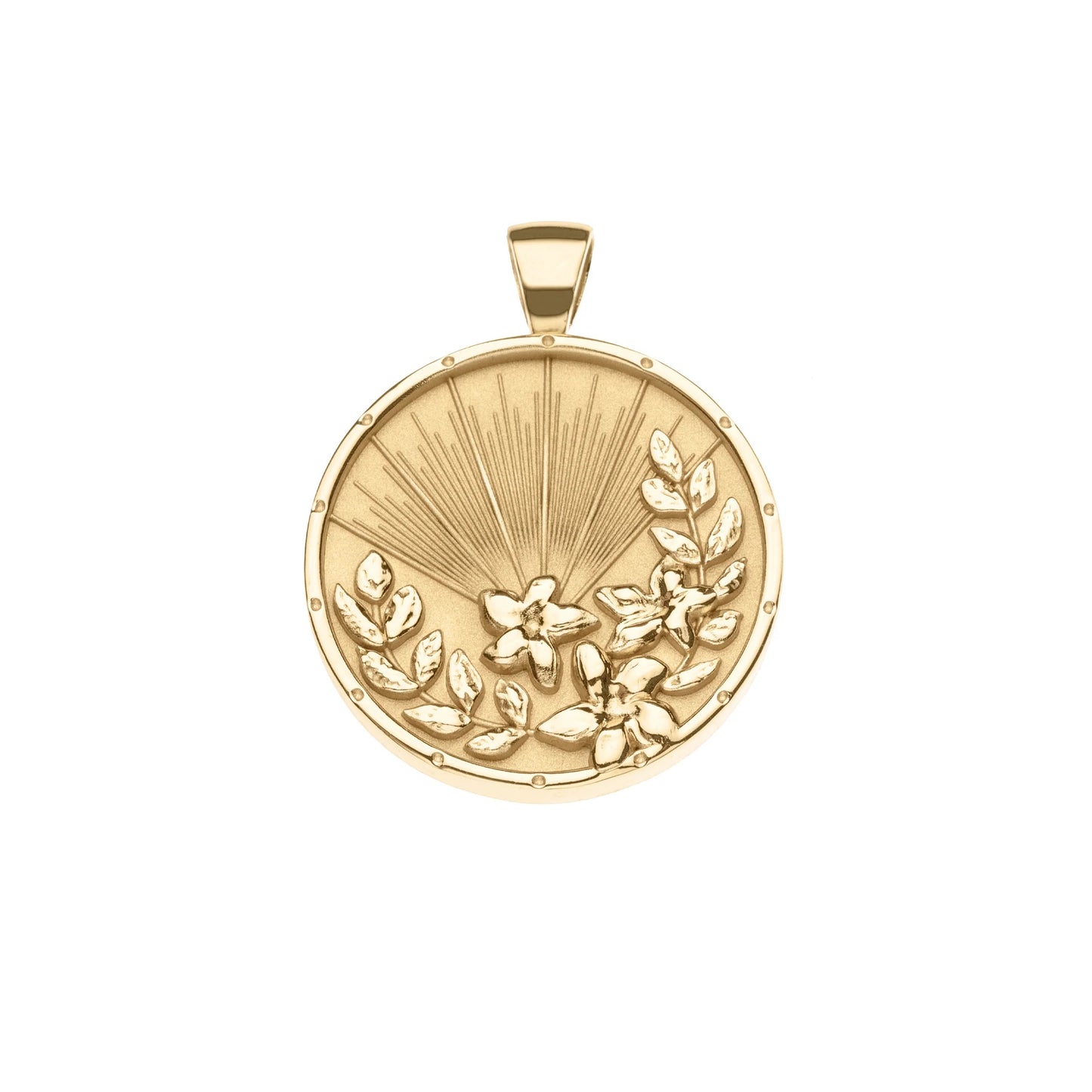 Gold pendant with floral design on a white background