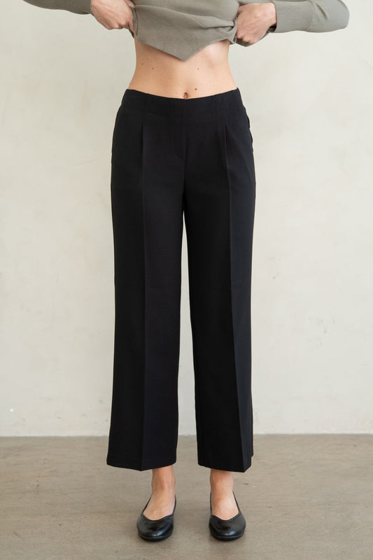 A model wearing black wide-leg cropped trousers, paired with a gray cropped top and black flats, standing against a neutral off-white wall.