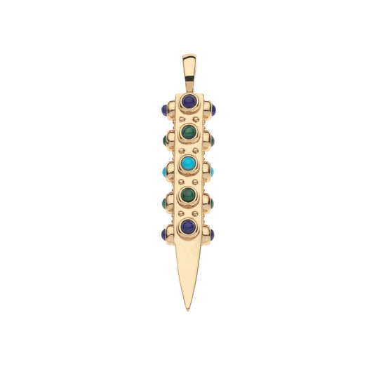 A gold pendant shaped like a vertical traffic light with three colored gemstone lenses in blue, green, and turquoise, set against a plain white background.