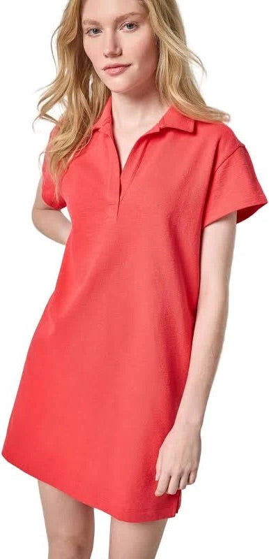 Woman wearing a red dress on a white background