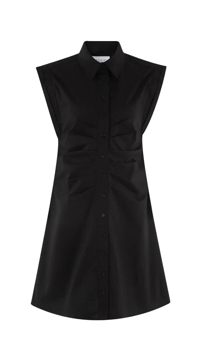 A black sleeveless button-down shirt dress with a pointed collar and chest pockets, shown against a plain white background.