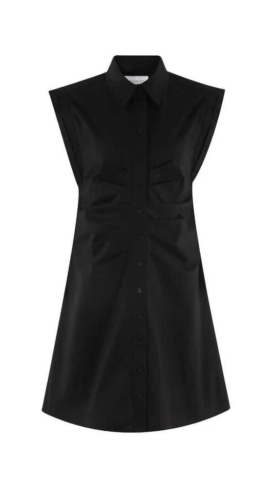 A black sleeveless button-down shirt dress with a pointed collar and chest pockets, shown against a plain white background.