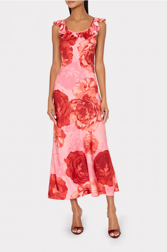 SCARLETT PRINTED RUFFLE NECK DRESS