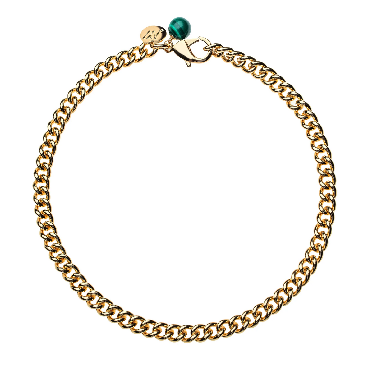 JW PETITE CURB CHAIN WITH MALACHITE BEAD 18"