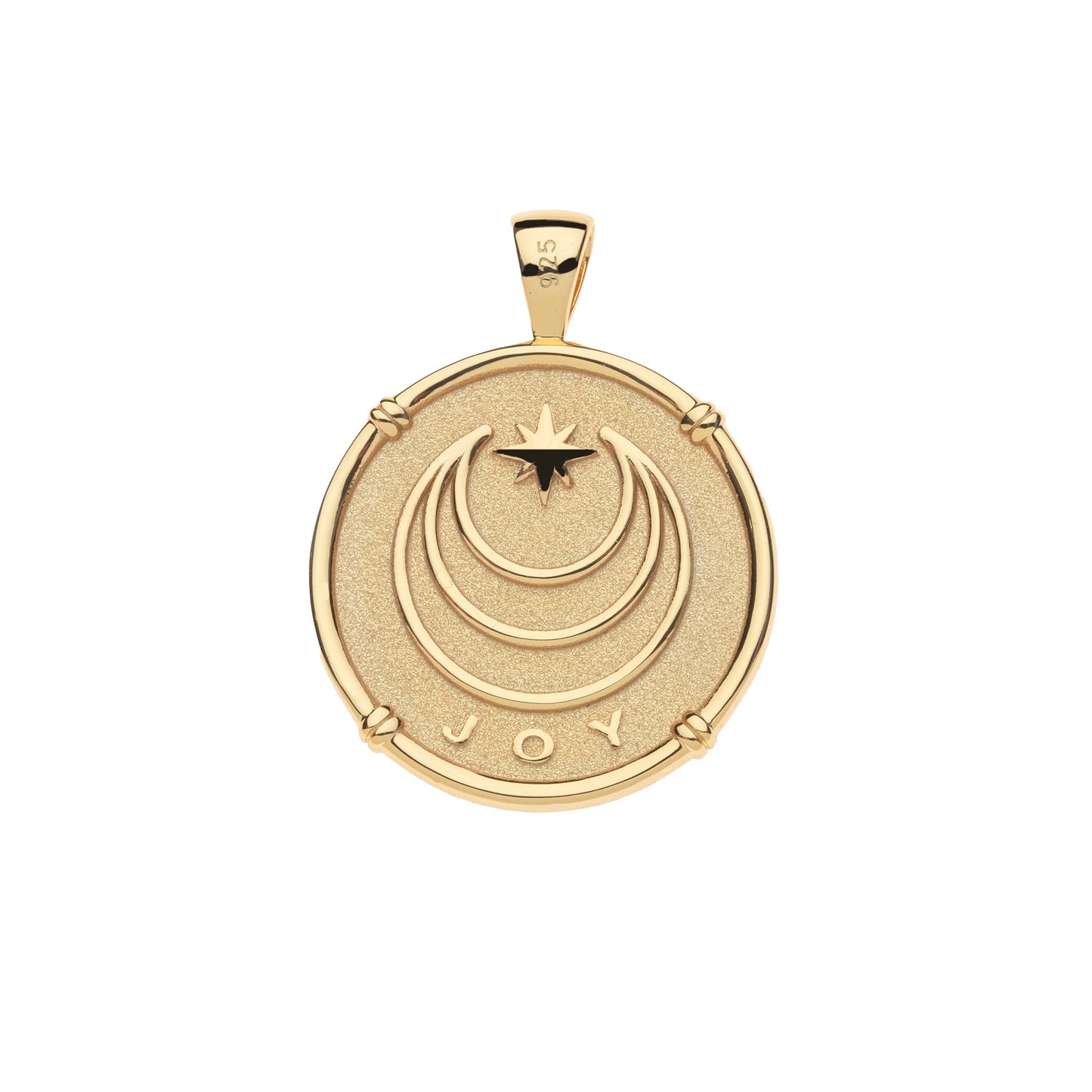 Gold pendant with 'JOY' engraving on a white background