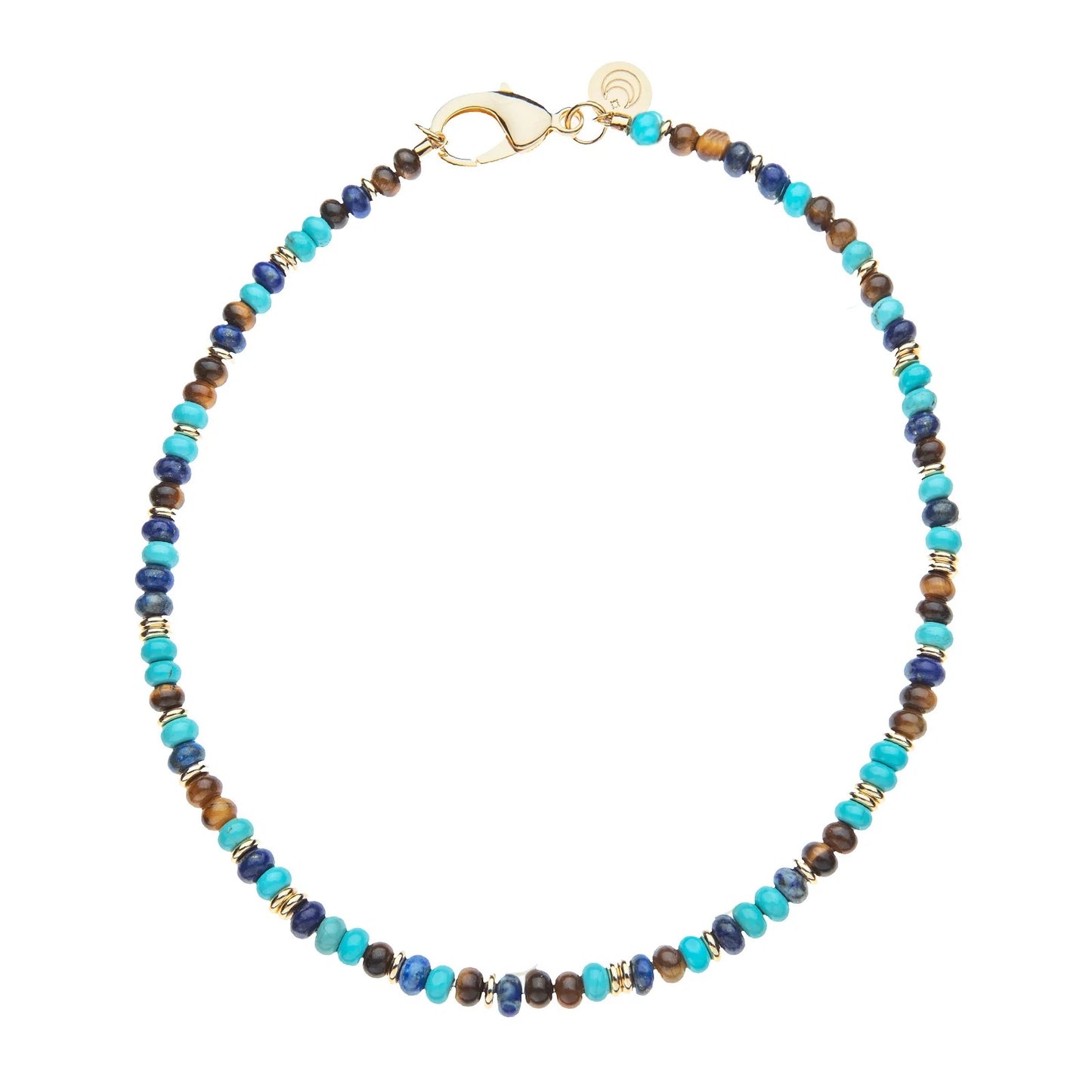 A beaded necklace featuring alternating strands of turquoise, dark blue, brown, and gold spacers, completed with a gold clasp, shown on a plain white background.