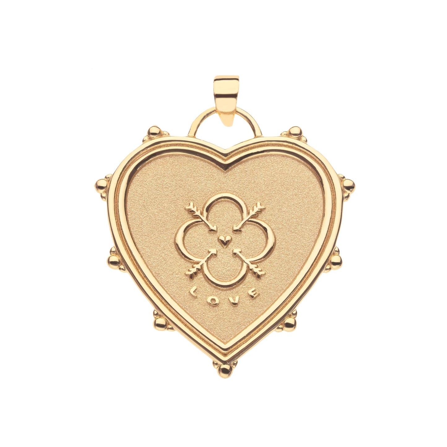 Gold heart-shaped pendant with intricate design on a white background