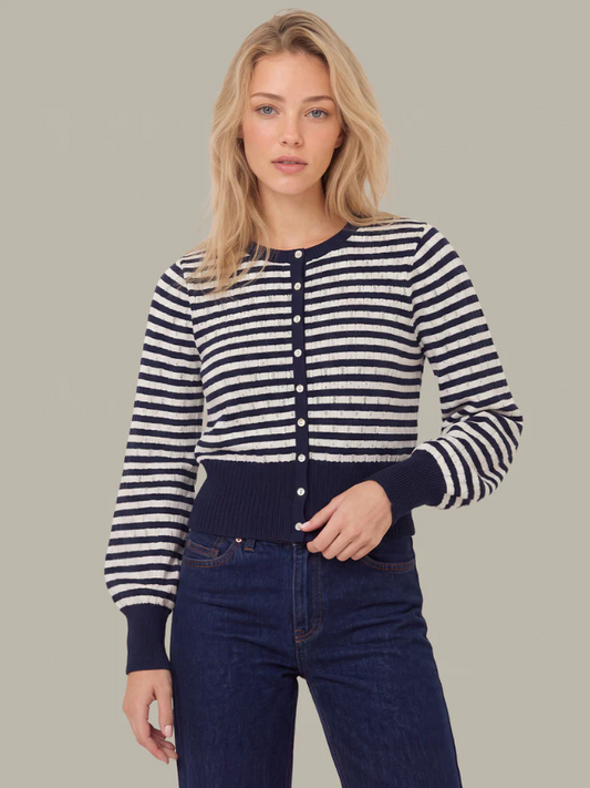 BECKETT STRIPED POINTELLE BLOUSO SLEEVE HIG RIB CARDIGAN
