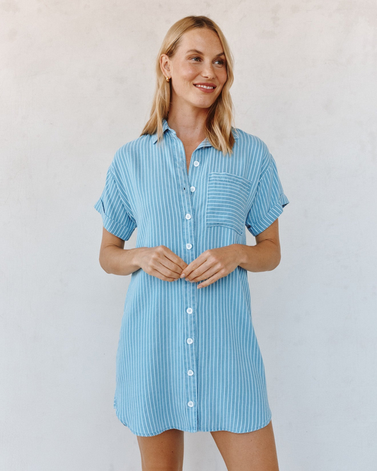 Woman wearing a blue striped shirt dress against a plain background